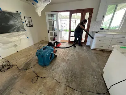 A technician running an extraction wand across a stripped floor to lift remaining water