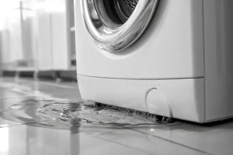 Water pooling under a front-load washer during a Highland appliance leak
