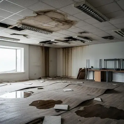 Office with fallen ceiling tiles and water on the floor during Highland commercial water damage