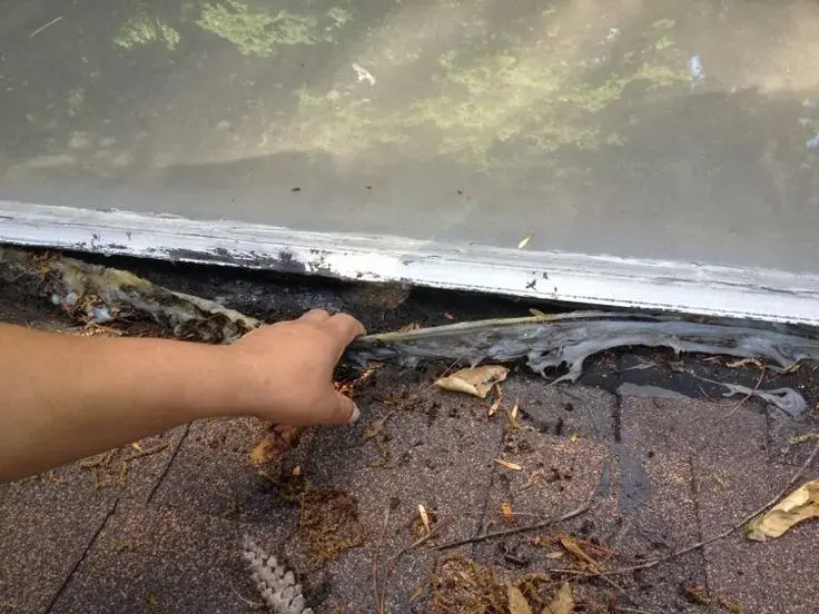 Inspector checking rotted, water-soaked roof decking at the edge of a Highland roof leak