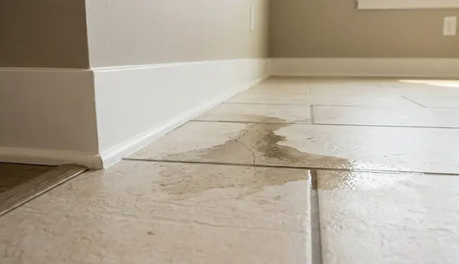 Water seeping across a tile floor along the baseboard from a Highland slab leak