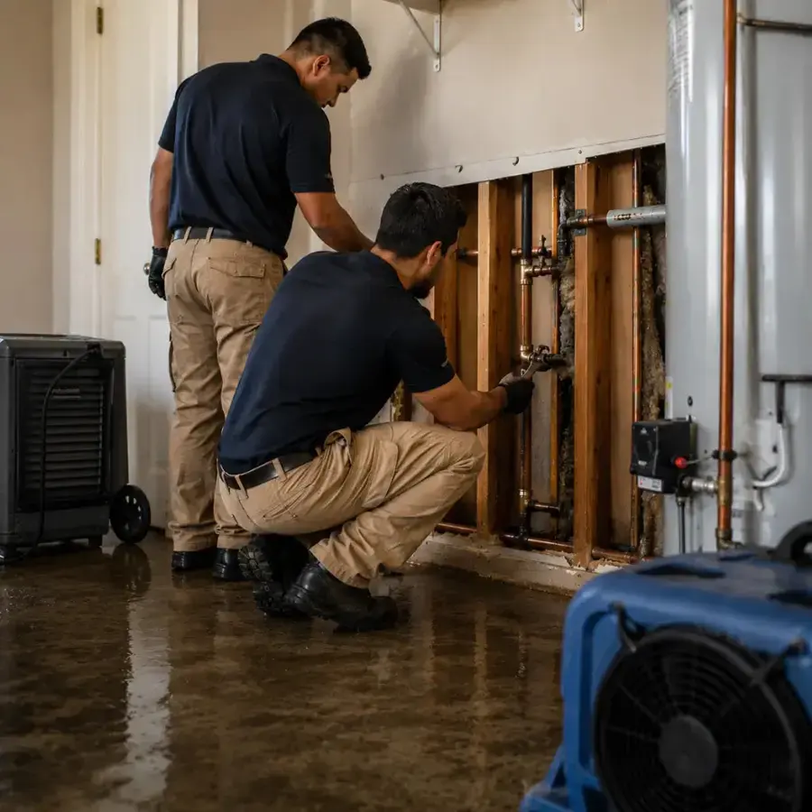 Technicians checking an opened wall beside an air mover during structural drying in Highland